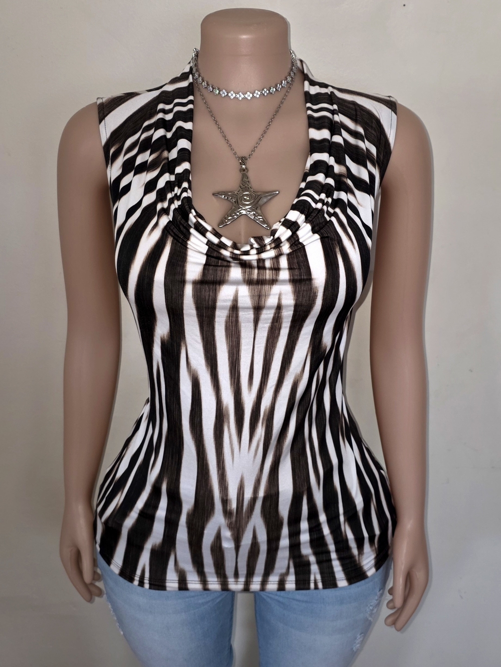 Worthington Brown and White Sleeveless Cowl Neck Zebra-Print Top